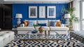 A chic living room featuring bold geometric patterns, a glass coffee table, and an accent wall in deep blue Royalty Free Stock Photo
