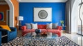 A stylish living area with a deep blue accent wall, a glass coffee table, and striking geometric designs Royalty Free Stock Photo