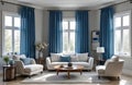 Chic living room with large blue square pattern curtains framing windows. Features a cozy sofa, side tables, and light grey Royalty Free Stock Photo