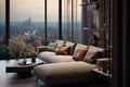 Chic living space Large window view, gray couch, black accents