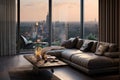 Chic living space Large window view, gray couch, black accents