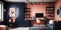 Chic Loft Retreat: Modern Studio Apartment with Muted Coral, Deep Navy, and Metallic Silver Accents - Contemporary Living