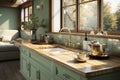 Chic, luxurious kitchen boasting a sage green counter, sink, and window view