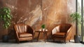 Chic mid century modern living room with brown lounge chairs, white sofa, and marble wall Royalty Free Stock Photo