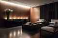 chic minimalist reception with sleek furniture and warm lighting