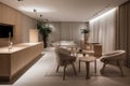 chic minimalist reception with sleek furniture and warm lighting