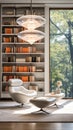 Chic modern library interior with tiered pendant lights, white leather seating, and neatly arranged bookshelves with a Royalty Free Stock Photo