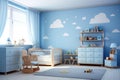 Chic Modern nursery room blue. Generate Ai