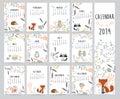 Chic monthly calendar 2019 with squirrel, fox, bear, skunk ,porcupine, penguin and wild