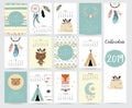 Chic monthly calendar 2019 with tent,whale,feather,arrow,dreamcatcher,fox,rabbit,cake and wild in boho and bohemian style