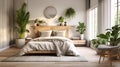 A chic open-plan studio apartment in a loft style in light colors. Stylish modern bedroom, cozy bedroom