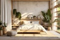 A chic open-plan studio apartment in a loft style in light colors. Stylish modern bedroom, cozy bedroom