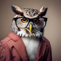 A chic owl in fashionable glasses, posing for a portrait with an air of wisdom1