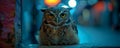 Chic owl poses in urban setting blending nocturnal allure with contemporary charm. Concept Owl Photoshoot, Urban Setting,