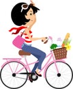 Chic Paris Girl in bike, cute black hair woman in bicycle with groceries clip art