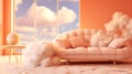 Chic peach fuzz sofa in a minimalist setting with fluffy clouds, blending comfort with a touch of whimsy. Sleek modern design Royalty Free Stock Photo