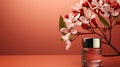 Chic perfume bottle surrounded by delicate spring blossoms on a warm red backdrop. Royalty Free Stock Photo