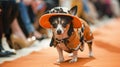 chic pet fashion runway, Chihuahua in Stylish Cowboy Outfit with Hat, A small Chihuahua is dressed in a fashionable cowboy outfit