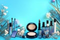 Chic presentation Womens cosmetics set showcased on a blue background