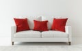 Chic Red Throw Pillow on White Sofa Against White Backdrop -Generative ai Royalty Free Stock Photo