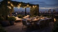 A chic rooftop terrace, adorned with string lights, modern outdoor furniture.