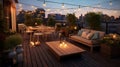 A chic rooftop terrace, adorned with string lights.
