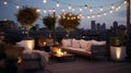 A chic rooftop terrace, adorned with string lights.