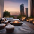 A chic rooftop terrace with modern outdoor furniture, a fireplace, and breathtaking city views2