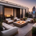 A chic rooftop terrace with modern outdoor furniture, a fireplace, and breathtaking city views5