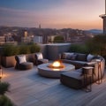A chic rooftop terrace with modern outdoor furniture, a fireplace, and breathtaking city views1