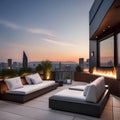 A chic rooftop terrace with modern outdoor furniture, a fireplace, and breathtaking city views3