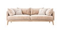 Chic Scandinavian-style sofa in beige with clean lines and plush cushions, set on natural wood legs. Couch isolated on Royalty Free Stock Photo