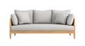 Chic Scandinavian-style sofa in light gray with clean lines and cushions, set on natural wood legs. Couch isolated on Royalty Free Stock Photo