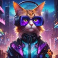 Fluffy cat in VR glasses with headphones on large ears with lush mustache dressed in stylish jacket