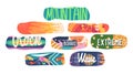 Chic And Sleek Labels for Snowboards Isolated On White Background, Colorful Emblems with Painting and Inscriptions