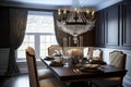 A chic and stylish dining room with a large crystal chandelier and a dark wood table. Generative Ai