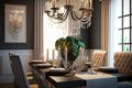 A chic and stylish dining room with a large crystal chandelier and a dark wood table. Generative Ai Royalty Free Stock Photo