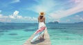 A Chic Traveler Pauses on a Pier, Immersed in the Splendor of Asia Natural Scenery, A Quintessential Summer Holiday Experience Royalty Free Stock Photo