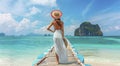 A Chic Traveler Pauses on a Pier, Immersed in the Splendor of Asian Natural Scenery, A Quintessential Summer Holiday Experience Royalty Free Stock Photo