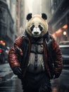 Chic Urban Panda: A Modernly Dressed Panda Strolling Through the City Streets