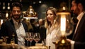 Chic urban whisky tasting with diverse enthusiasts under trendy lighting for bar ad