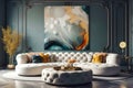 Chic white curved tufted sofa and pouf against teal classic wall panels with vibrant colorful art poster. Art deco style home