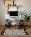 A chic workplace in Scandinavian style. White chair, on the computer table and eucalyptus in a white pot.