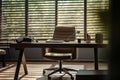 Chic workspace for the boss table, chair, sunlight, and open blinds