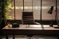 Chic workspace for the boss table, chair, sunlight, and open blinds