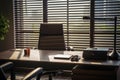 Chic workspace for the boss table, chair, sunlight, and open blinds