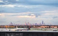 Chicago airport and skyline of the downtown. Royalty Free Stock Photo