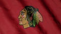 Chicago Blackhawks hockey club flag waving in the Wind. Chicago Blackhawks HC. 3d render. Royalty Free Stock Photo