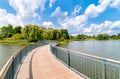 Walking bridge in the Chicago Botanic Garden, summer landscape, Glencoe,USA