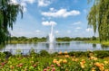 Chicago Botanic Garden Landscape with fountain in the pond, Glencoe, USA Royalty Free Stock Photo